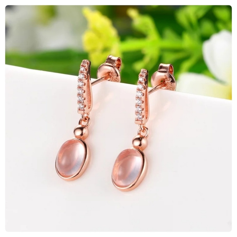 🎁LAST 1 🎁925 RGP Rose Quartz & CZ Oval Earrings - Picture 2 of 6
